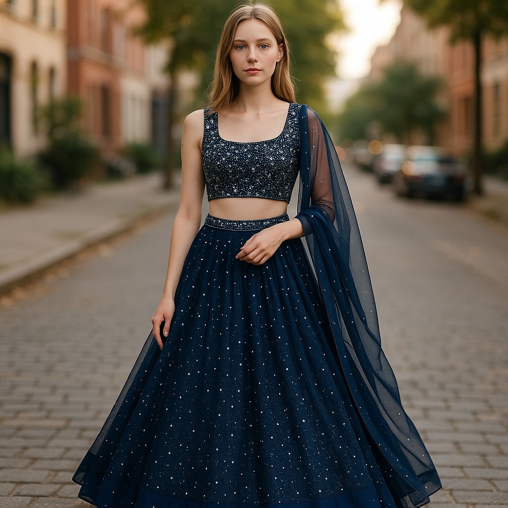 Stunning Navy Blue Lehenga Set - Size 12(38") - UK Stock - 24h Dispatch - KTC250618 PY