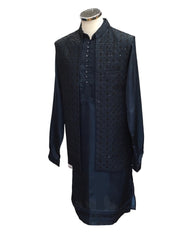 Petrol Blue - Mens Kurta Set with Rich Brocade Waistcoat  - SHU2505 TP 0325