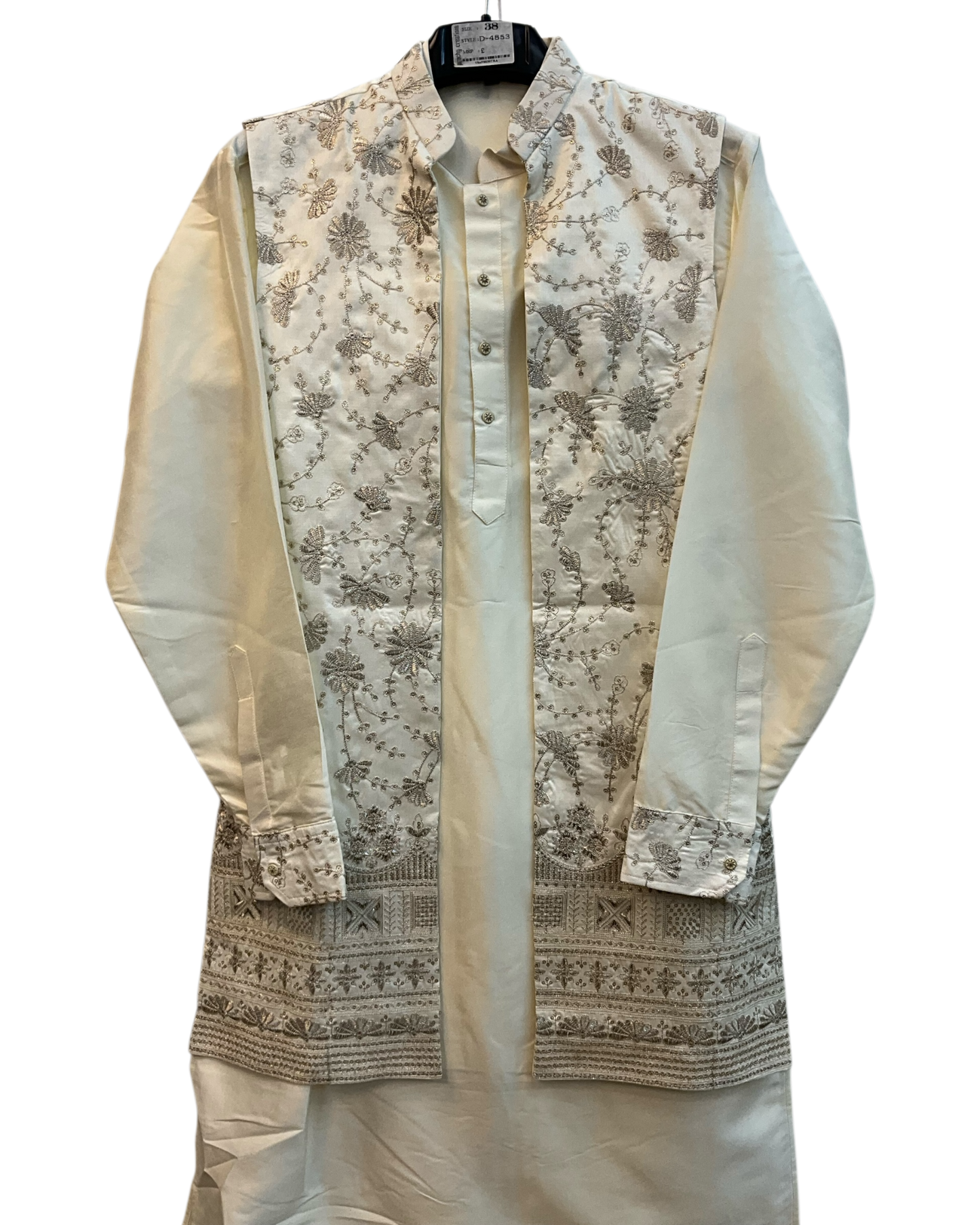 Off White / Cream - Mens Fully Embroidered Long Waistcoat with Rich Kurta set - KCS4853 03TH26