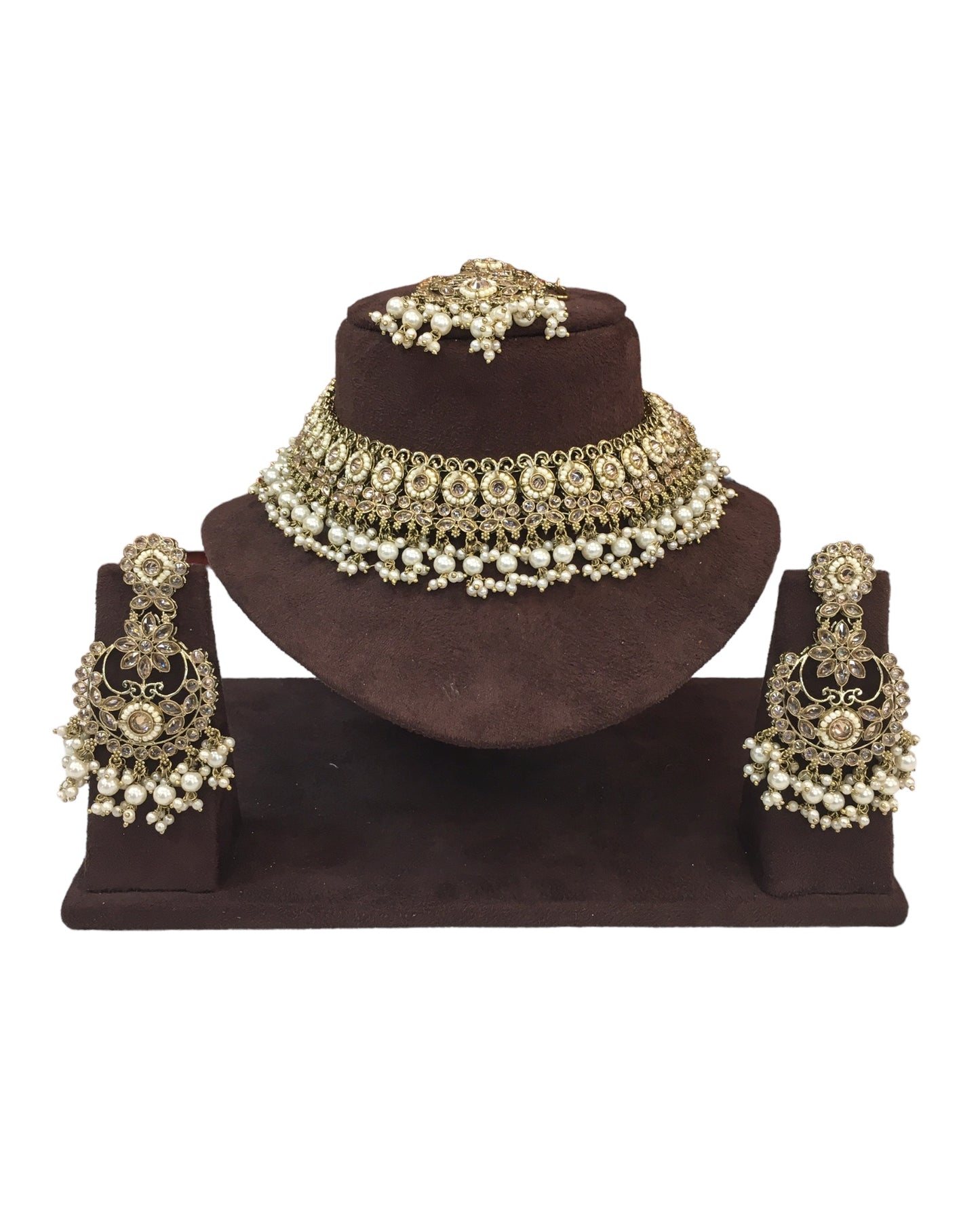 Gold / Neutral - Large Size Antique Gold Finish Necklace Set with Earrings - RAK501  KC 0424