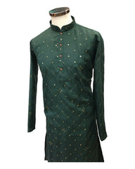 Bottle Green - Linen Mirrorwork Mens Kurta Set - Sangeet Mehendi Haldi - NY2301 KT 1123