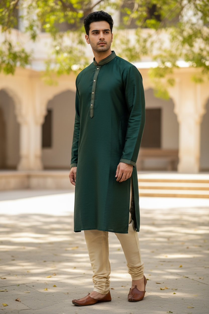 Bottle Green - Banarasi Handloom Brocade Mens Indian Kurta set - UK Stock - Weddings / Walimas , Sangeet, Diwali, Eid, Mehndi / Henna - VEE2532 KR