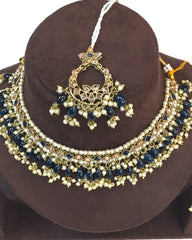 Navy Blue - Large Size Antique Gold Finish Necklace Set with Earrings - JE19  C 0424