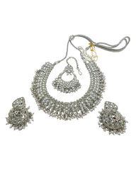Clear / Pearl - Large Size Silver Finish Necklace Set with Earrings & Tika (Head Piece) - UK Stock - GGA17 08KK25
