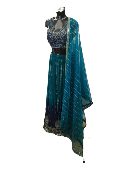 Turquoise / Navy Blue -  Banarasi Handloom Lehenga Set - UK Stock - 24h Dispatch - MK1476 KKV 1023