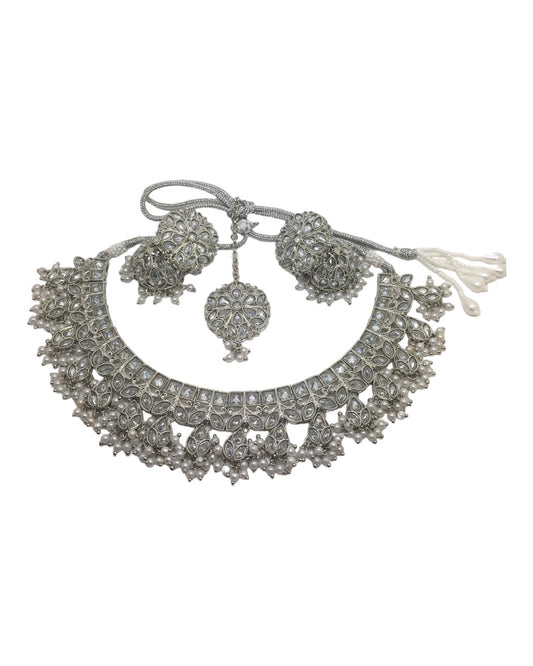 Silver - Reverse Stone Silver Finish Necklace set - MNA933 KK 1023