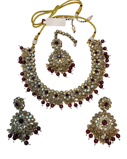 Purple / Plum - Large Size Antique Gold Finish Necklace Set with Earrings & Head Piece - JIG111 04Cp26