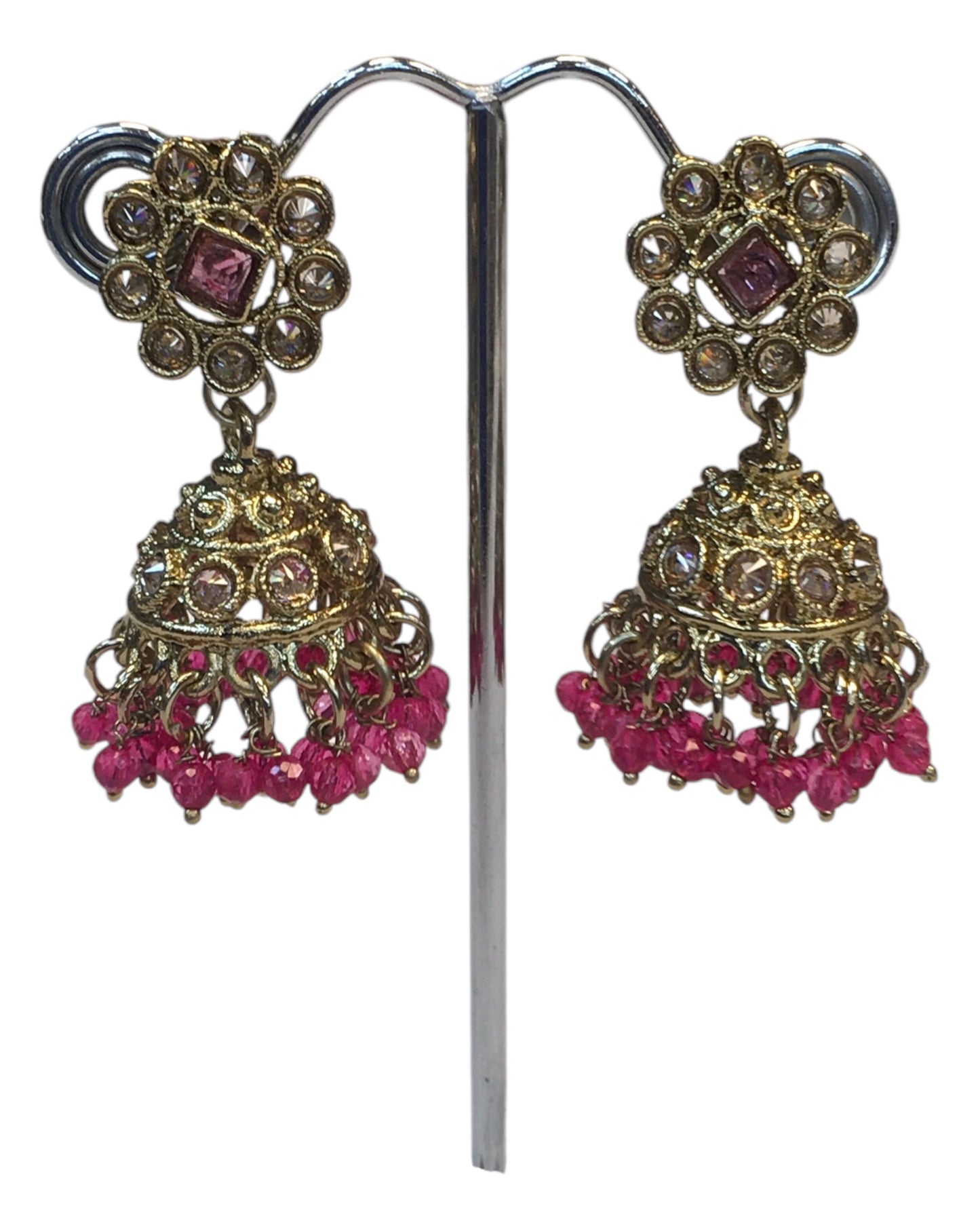 Fuchsia Magenta Pink - Medium Size Antique Gold Finish Necklace Set with Earrings - PRI1786  11H24