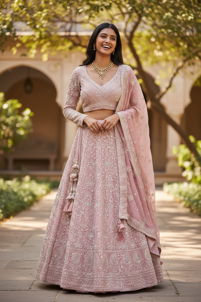 Dusty Pink - Delicately Embroidered Chiffon Designer Lehenga Set - UK 12-16 - UK Stock - 24h Dispatch - NE2401 CP 0724