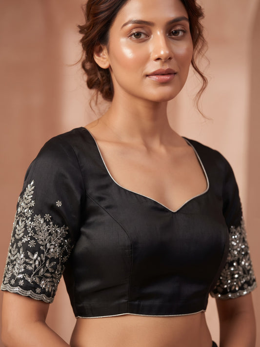 Size 36" / UK 10 - Black - Zari Embroidered Silk Blouse with Elbow-Length Sleeves - UK Stock - With Margin inside - VAM1296 - KY