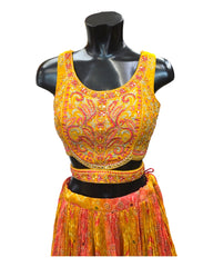 Coral  / Mustard- Crushed Bandhej Lehenga Set - UK Stock - 24h Dispatch - MK1461 KKV 0523