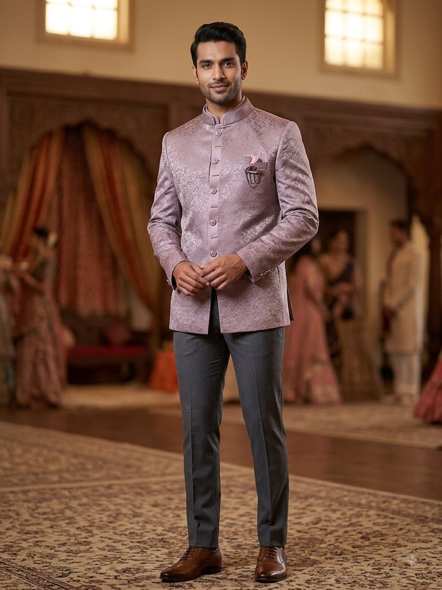 Pastel Lilac - PREMIUM Slim Fit Mens Self Brocade BandhGala / Prince / Chinese Collar Jacket with inside Waistcoat- Fantastic Fit - CS2505 03PY25