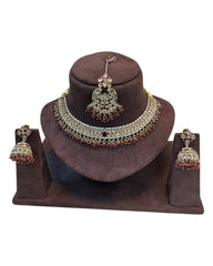 Maroon - Medium Size Antique Gold Finish Necklace Set with Earrings & Tika Head piece - GGA05  KV 0525