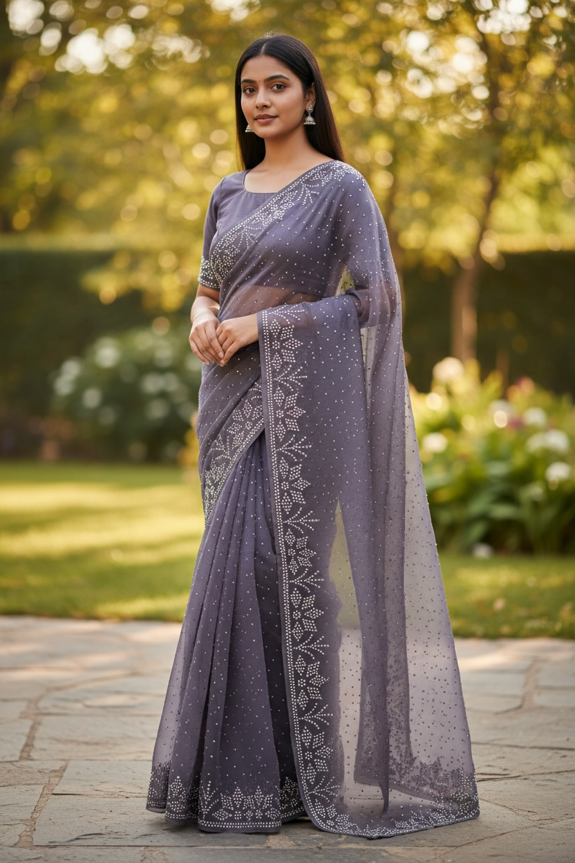 Lilac - Rich Saree with Bead Embroidery and Blouse Piece - UK stock - 24hr Dispatch - RS2524 TY