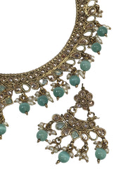 Sea Green - Medium Size Antique Gold Finish Necklace Set with Earrings - HR1008  KK 0424