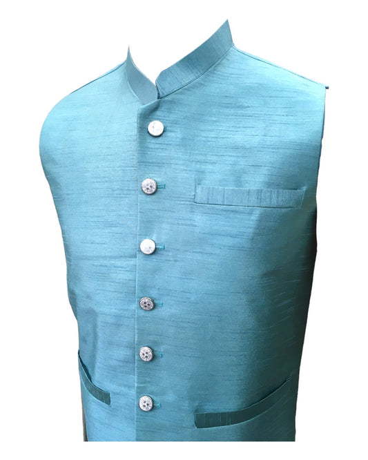 SALE! Turquoise Blue - Handloom Dupion Silk Mens Waistcoat - DL2303 KKp1023