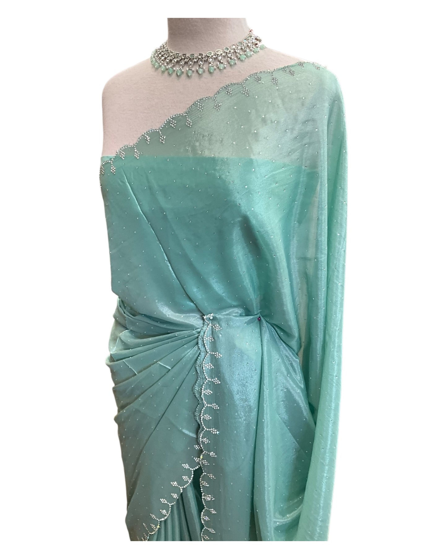 Sea Green - Crepe Chiffon  - Diamante Border Saree with Blouse Piece - DAZ56003 VY 0425