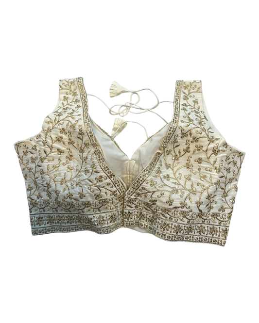 40" / UK 14 - Cream - Rich Emroidered Saree blouse with cups,  Sleeveless - UK Stock - Quick Delivery - RNK - R927 KT