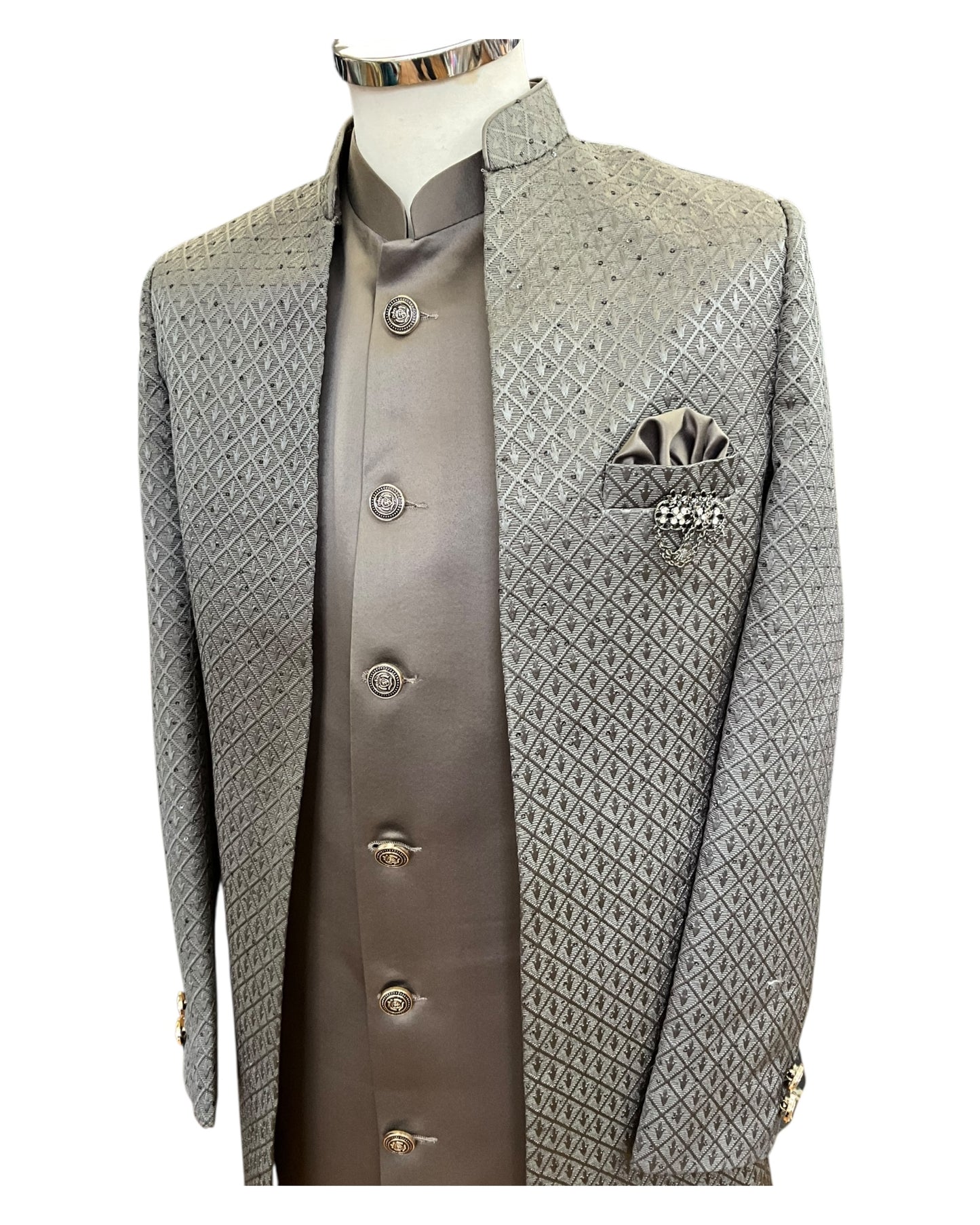 Grey - PREMIUM Mens Knee Length  Jacket with Long Waistcoat - Sherwani / Indo Western - Fantastic Fit - KCS6633 05RY25