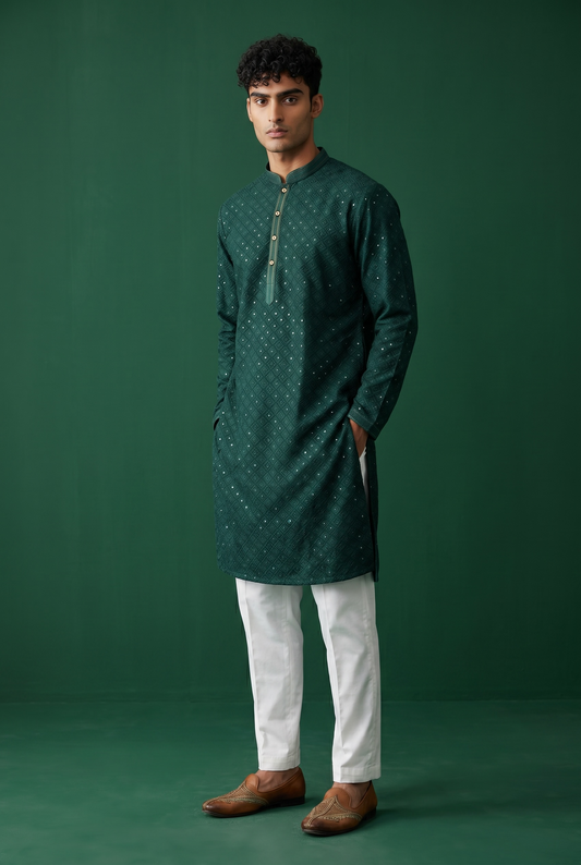 Bottle Green - Rich Sequins Lucknowi Mens Indian Kurta set with Trousers - UK Stock - Weddings / Walimas , Sangeet, Diwali, Eid, Mehndi / Henna - EM10513 05VH26