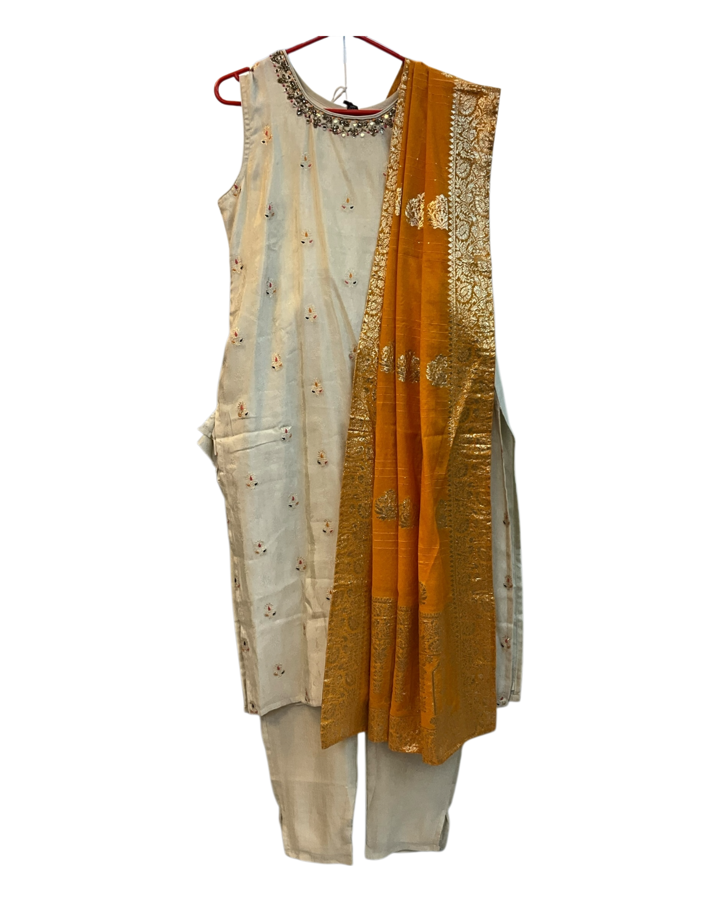 UK 14 / 40" - Light Gold with Yellow Dupatta - Silky Brocade Ladies Trousers Suit - Sangeet / Henna / Temple - KTC241063 VT VA