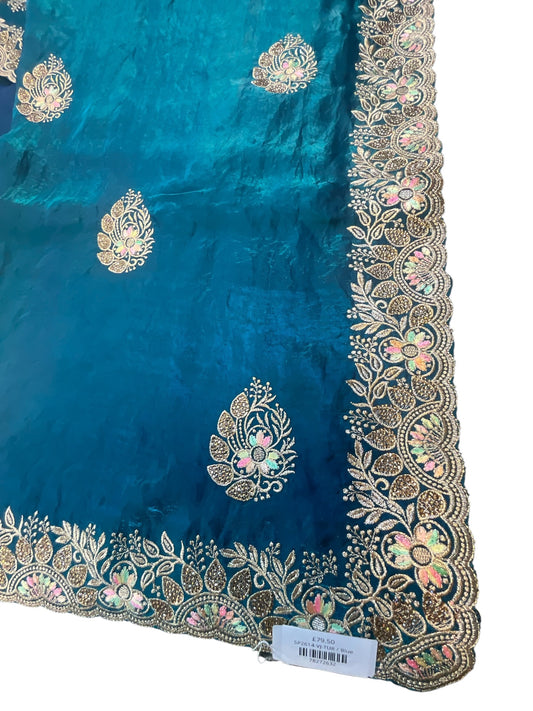 Turquoise Blue - Saree with Thread / Stone Work and Blouse Piece - UK stock - 24hr Dispatch - SP2614 VJ