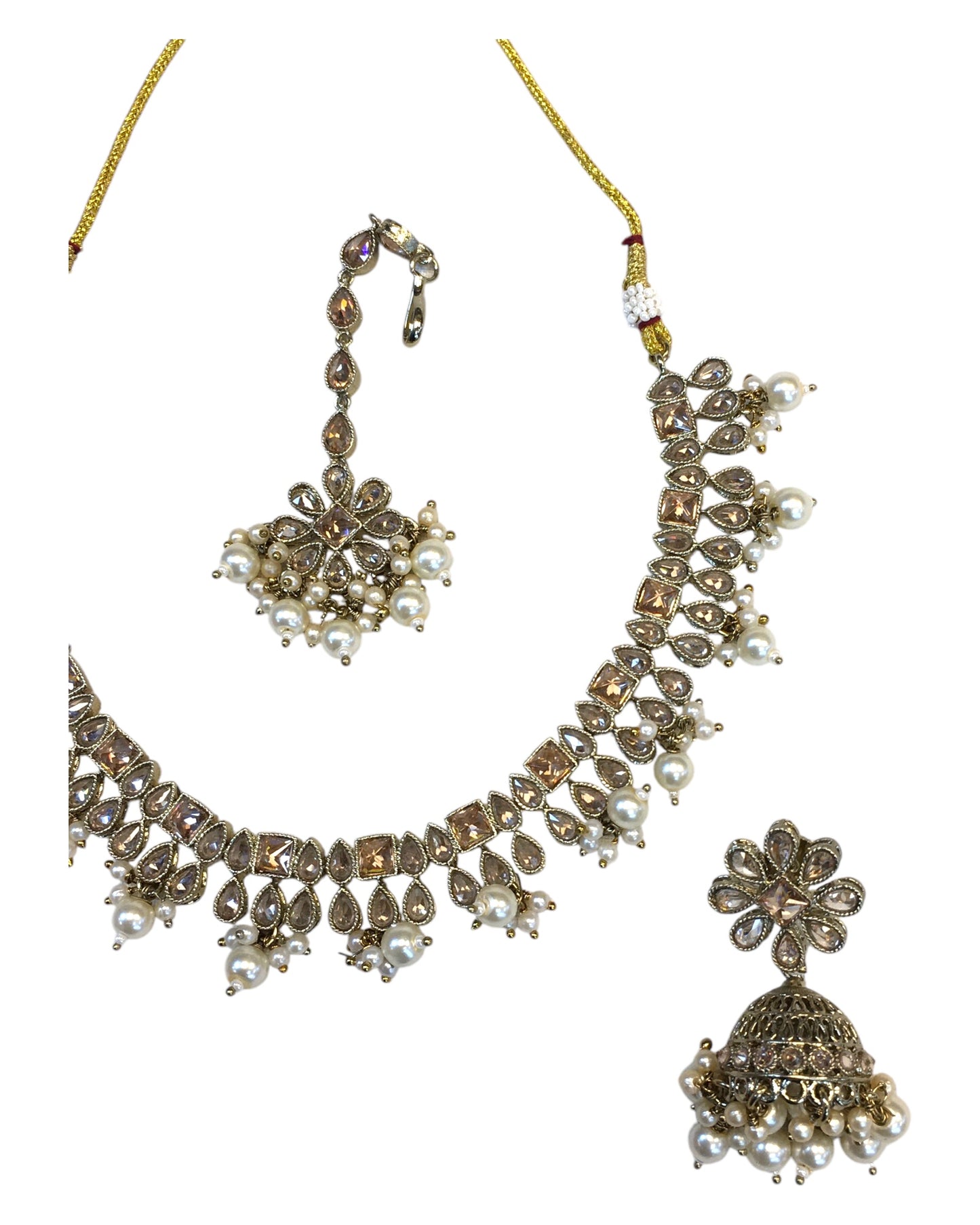 Gold / Neutral - Antique Gold Finish Necklace & Earrings Set - Bollywood - Weddings - KAJ1014 11KV24
