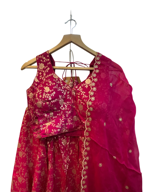 Magenta / Fuchsia - Banarasi Brocade Silky Lehenga Set - Mehndi / Sangeet / Bridesmaids / Weddings / Garba  - Size UK 12 (38" Bust) Adjustable to Size 14 - UK Stock - 24h Dispatch - AF2601 02VP26