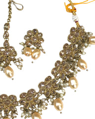 Gold / Neutral - Medium Size Antique Gold Finish Necklace Set with Earrings - JE04  A 0424