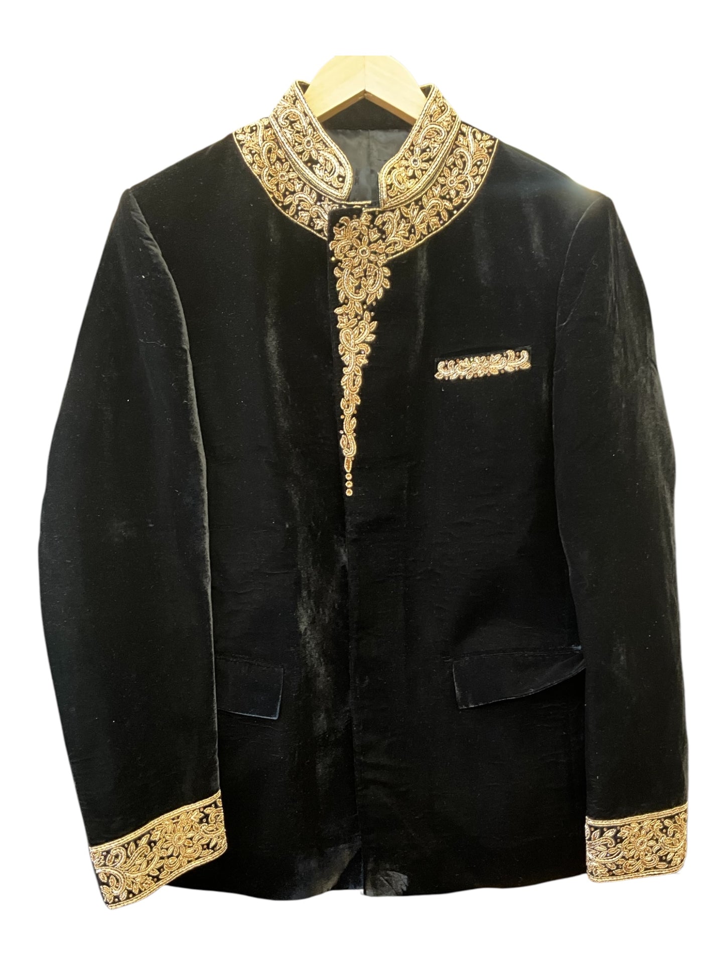 SALE! Black - Designer Suede / Velvet Mens BandhGala / Prince / Chinese Collar Jacket - Fantastic Fit -  PC2614