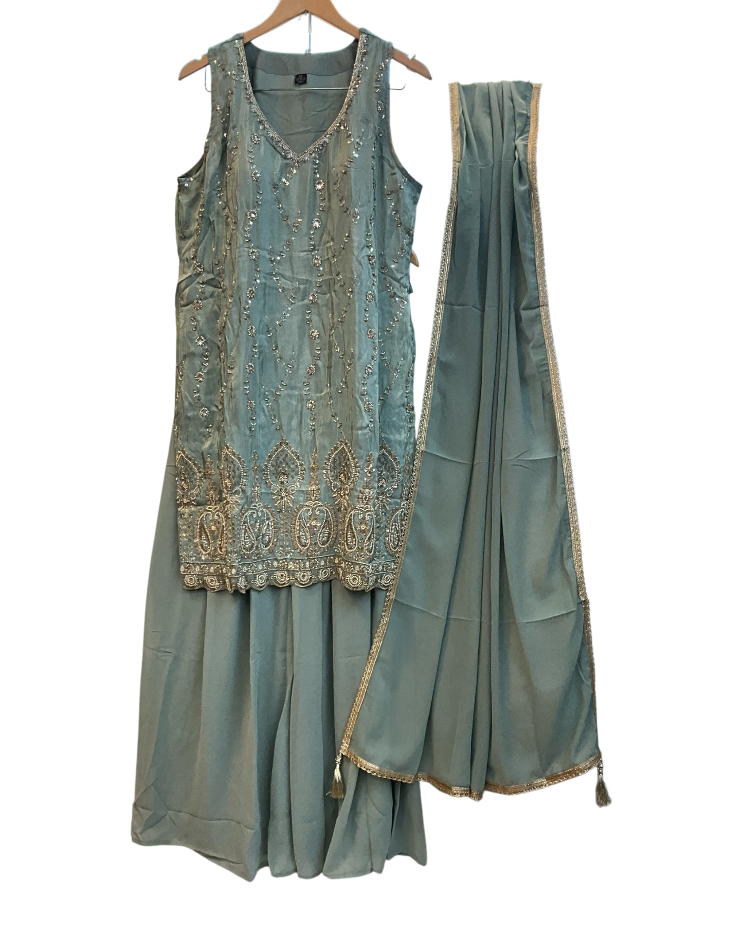 UK 16 / 42" - Sea Green - Crepe Ladies Sharara / Palazzo Trousers Suit - Sangeet / Henna / Temple - OC76137 TA
