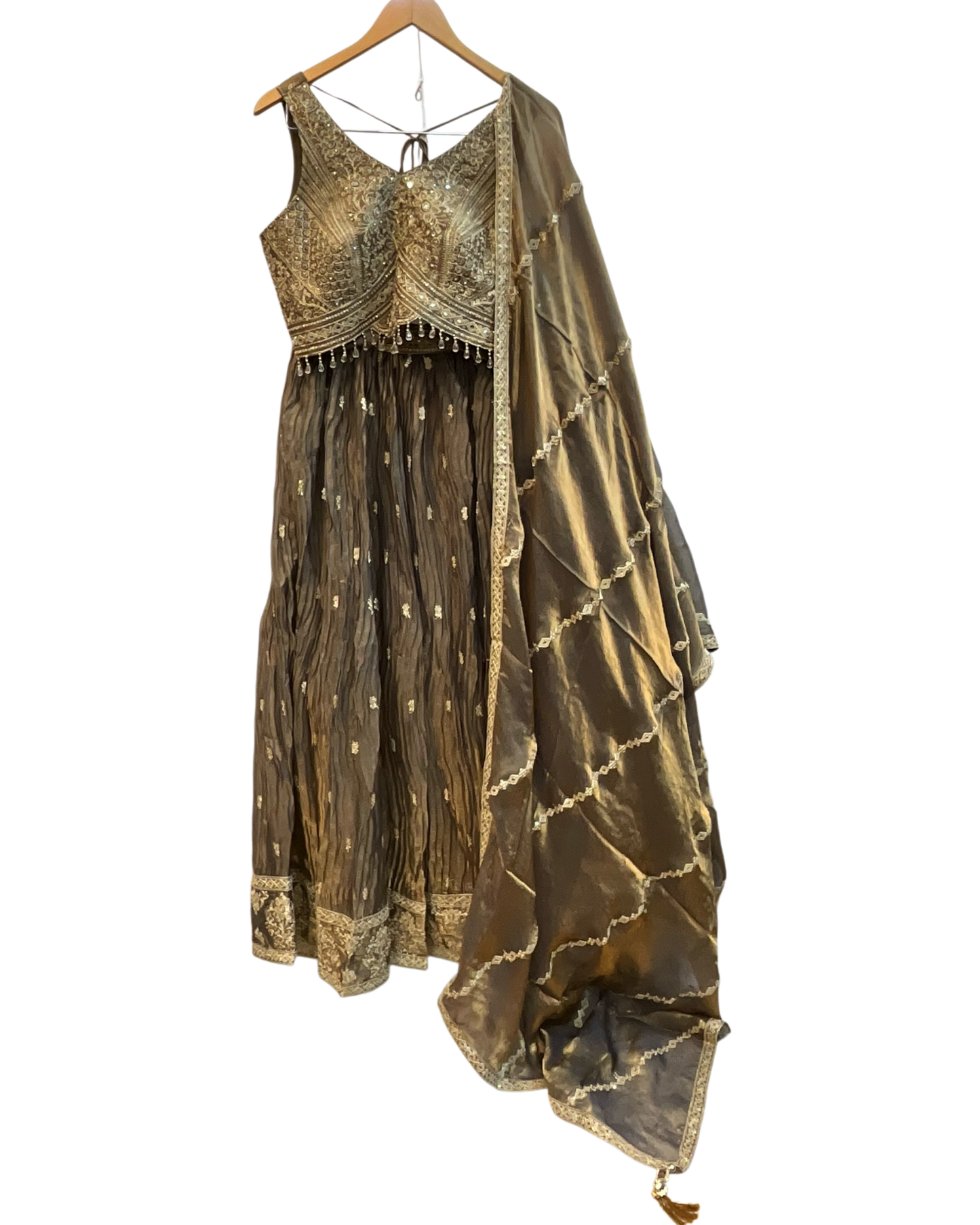 Size UK 12 (38" Bust) Adjustable to Size 14 - Antique Gold - Silky Lehenga Set - Mehndi / Sangeet / Bridesmaids / Weddings / Garba  - UK Stock - 24h Dispatch - JF10906 05PA26