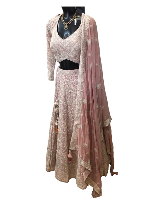 Dusty Pink - Delicately Embroidered Chiffon Designer Lehenga Set - UK 12-16 - UK Stock - 24h Dispatch - NE2401 CP 0724