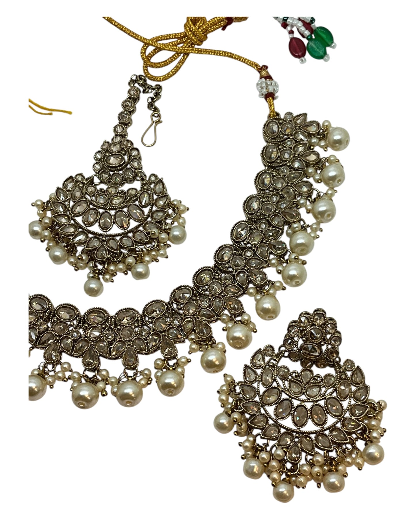 Pearl / Neutral - Large Size Antique Gold Finish Necklace Set with Earrings & Head Piece - Bollywood - AE2514 08KY25