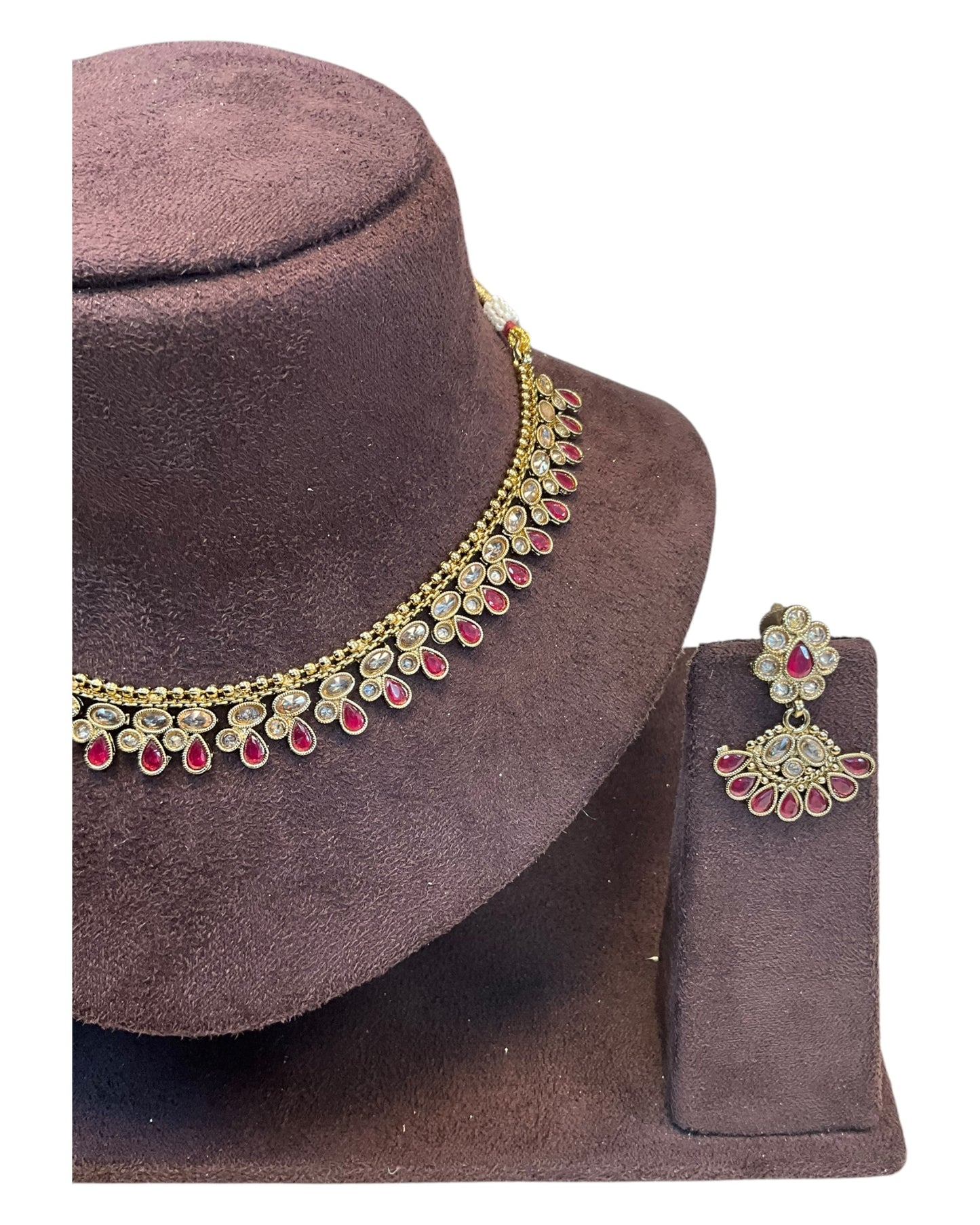 Magenta - Small Size Antique Gold Finish Necklace Set - AE2502 A 0525
