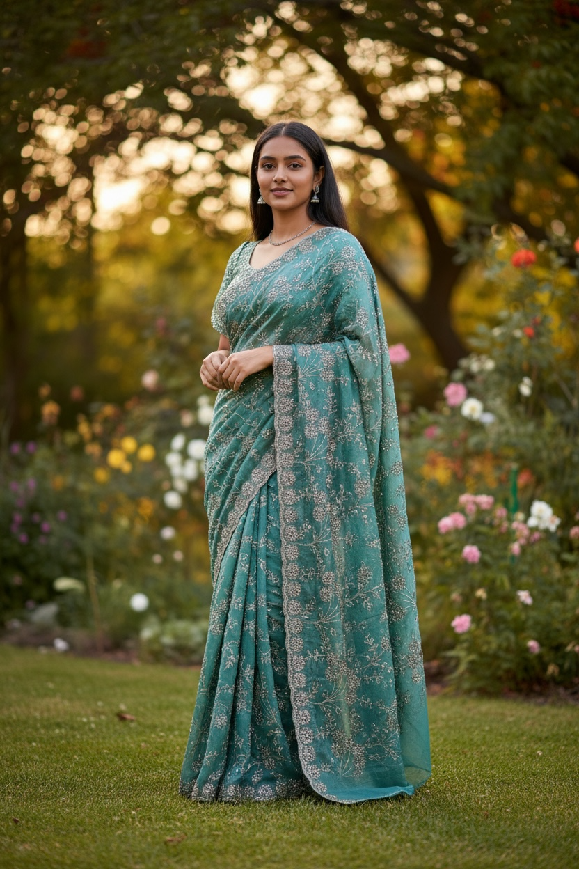 Light Blue - Rich Saree with Allover Embroidery and Blouse Piece - UK stock - 24hr Dispatch - RS2507 PR