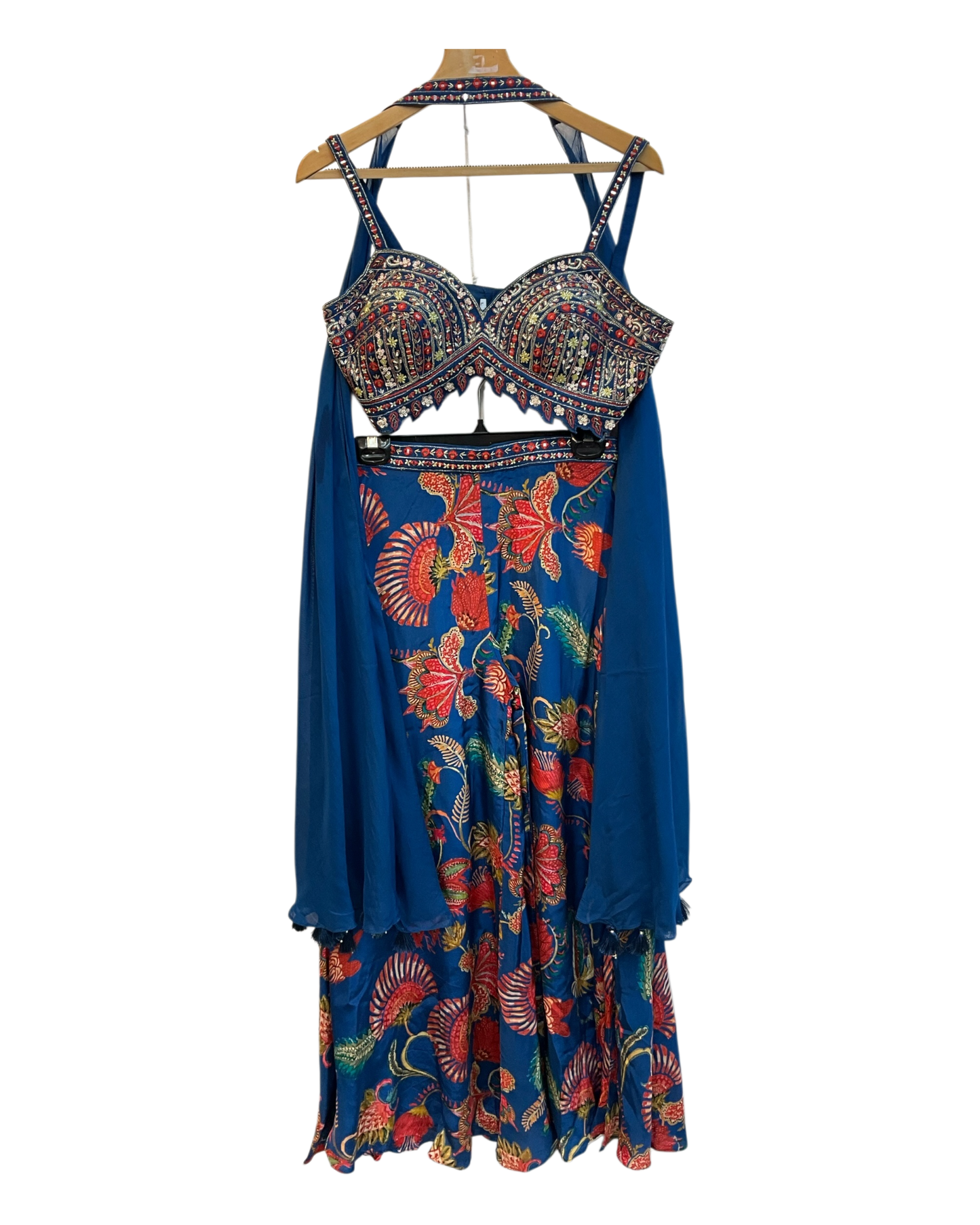 UK 12 / 38" - Petrol Blue Floral Printed - Designer Ladies Indian Short Top Palazzo Trousers Suit - UK Stock - 2/3 days delivery - VMK PUSHPA PR