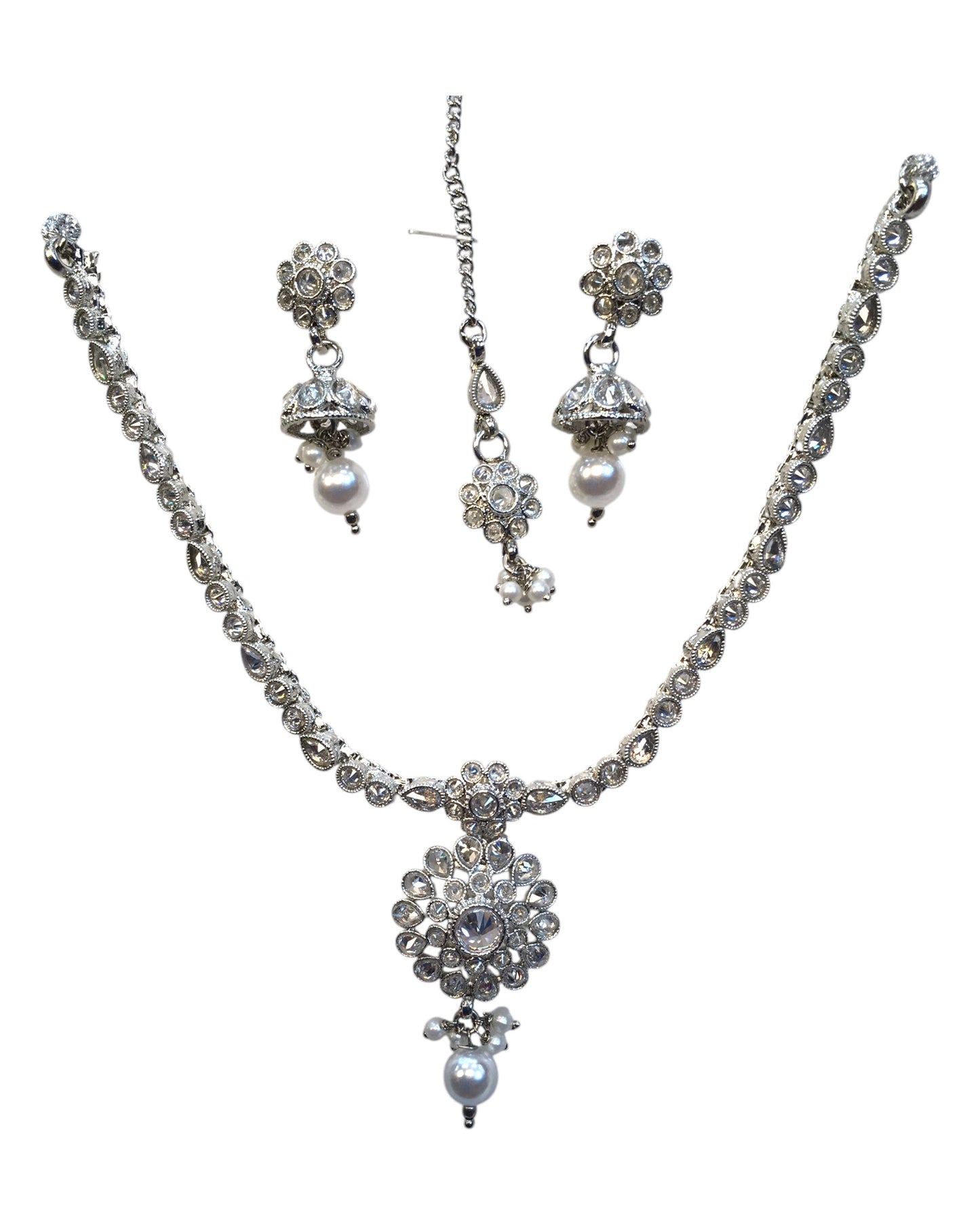 Clear - Small Size Silver Finish Necklace Set with Earrings & Head Piece /Tika- SLV79  11A24