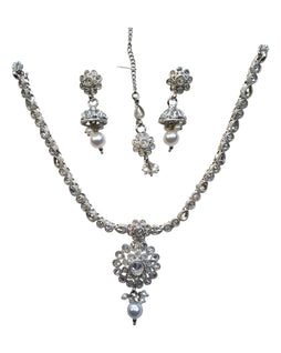 Clear - Small Size Silver Finish Necklace Set with Earrings & Head Piece /Tika- SLV79  11A24