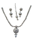 Clear - Small Size Silver Finish Necklace Set with Earrings & Head Piece /Tika- SLV79  11A24