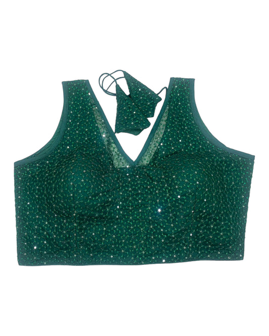 Bottle Green - Fully Embroidered V neck Saree / Lehenga blouse - With Cups - Margin to loosen - UK Stock - AF2343 H 0923