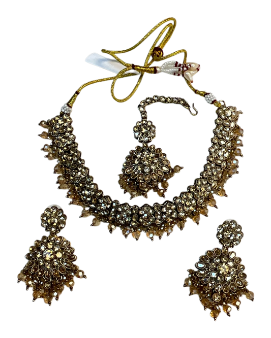 Crystal / Neutral - Large Size Antique Gold Finish Necklace Set with Earrings & Head Piece - JIG111 04Cp26