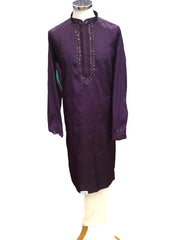 Purple -  Silky Self Emroidered Mens Indian Kurta set Sangeet, Temple, Eid, Mehndi or Funeral ( with Draw stringed trousers) - YD2407 KR 0324