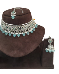 Sea Green - Medium Size Silver Finish Choker Necklace Set with Earrings - RAK149  C 0424