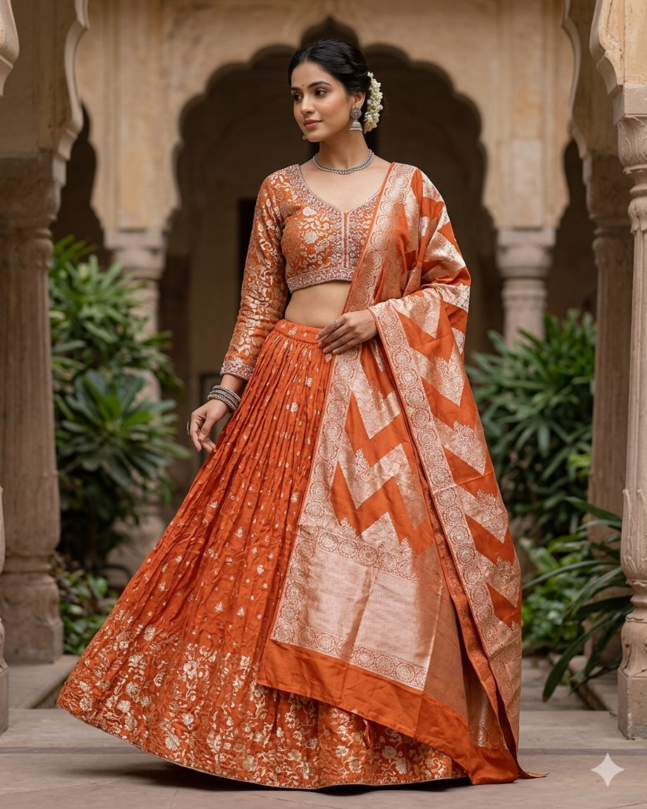 Size UK 12 (38" Bust) Adjustable to Size 14 - Orange - Silky Lehenga Set - Mehndi / Sangeet / Bridesmaids / Weddings / Garba  - UK Stock - 24h Dispatch - JF10468 05PA26