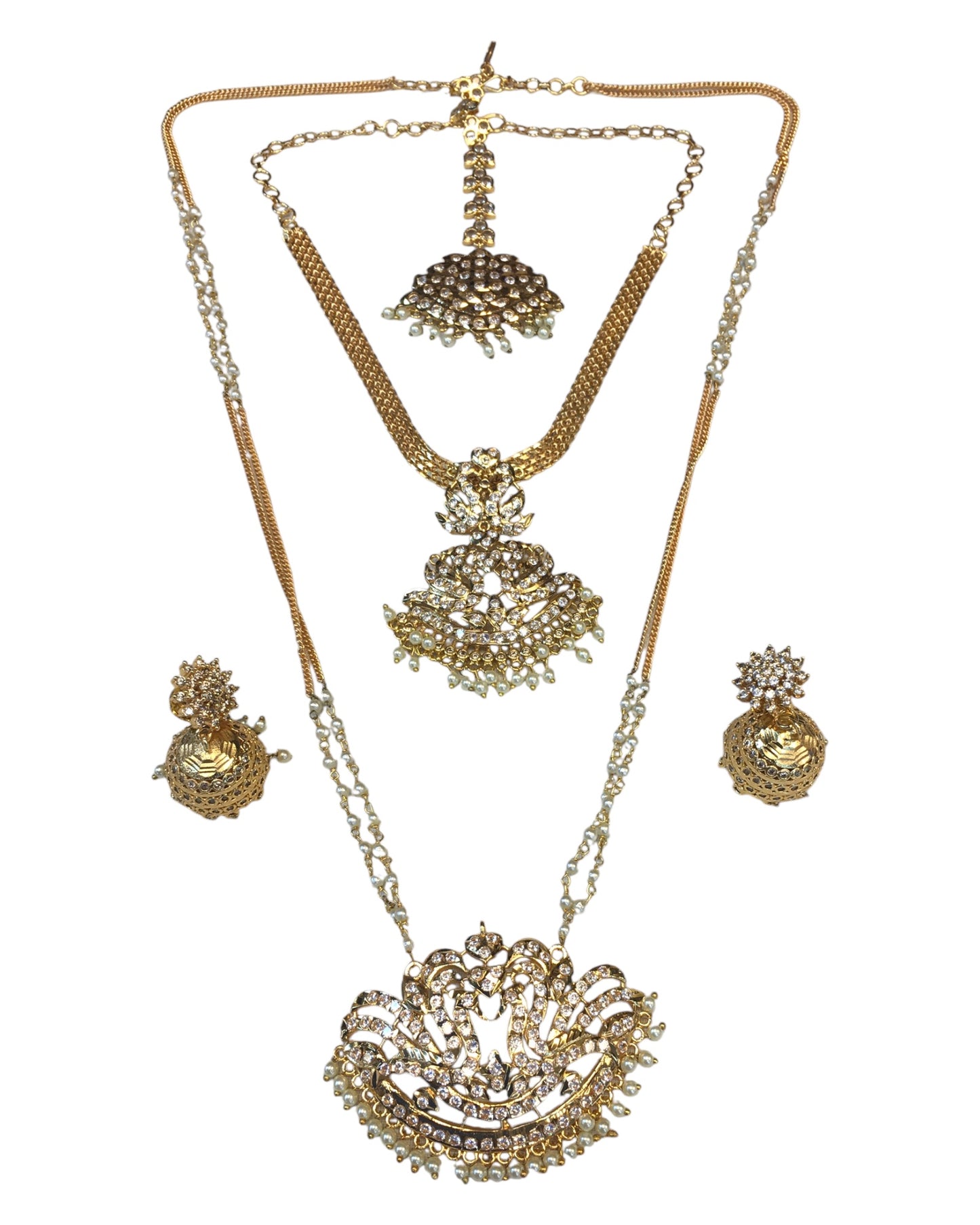 Gold & Pearl - Long necklace, Short Necklace, Earrings & Tika Headpiece Gold Finish Necklace Set with Earrings - SB2401 11KR24