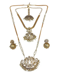 Gold & Pearl - Long necklace, Short Necklace, Earrings & Tika Headpiece Gold Finish Necklace Set with Earrings - SB2401 11KR24