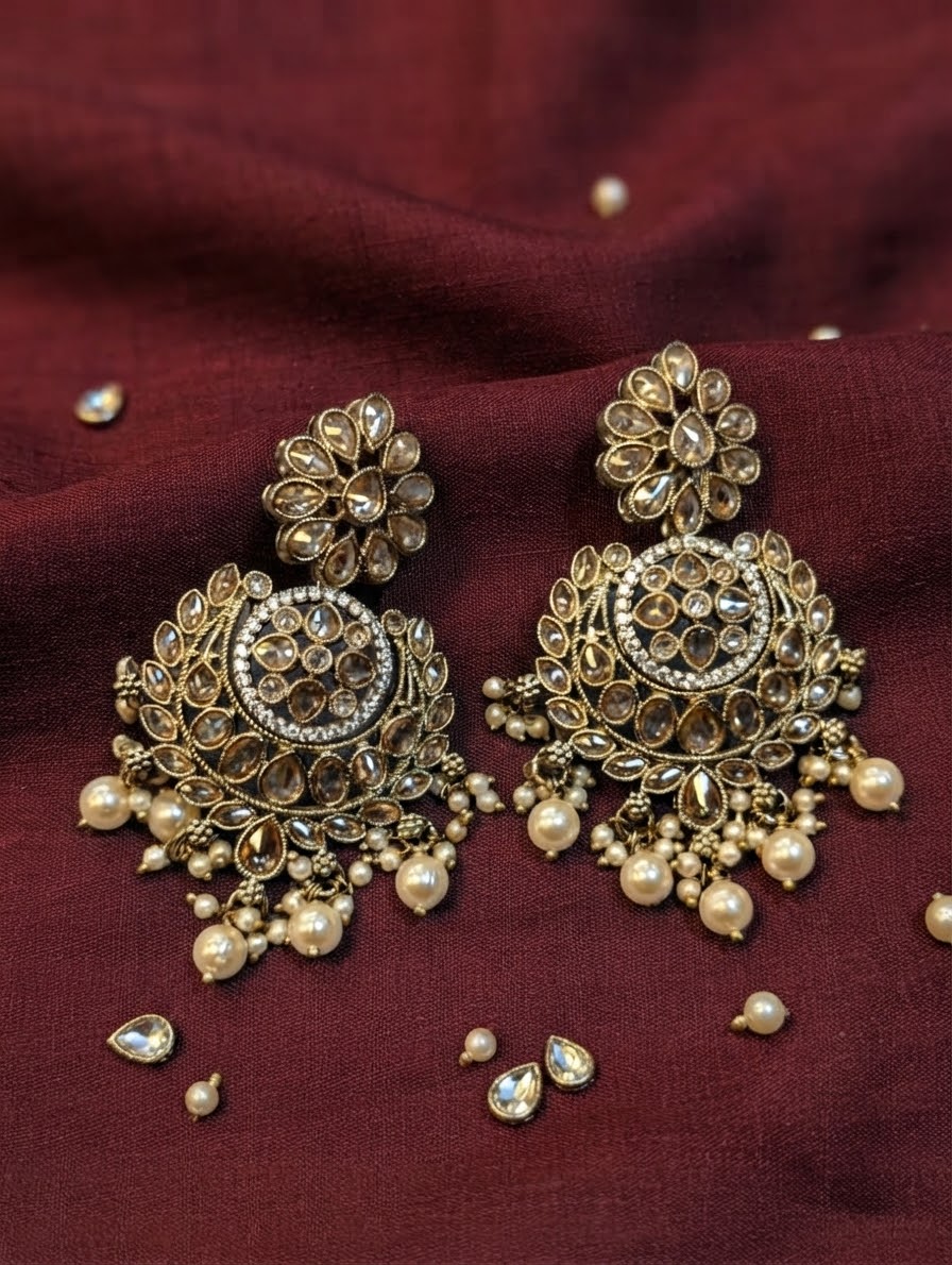 Gold / LCT Stones - Antique Polki &amp; Pearl Chandbali Earrings - 6ER223 10R26