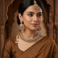 Crystal / Neutral - Large Size Antique Gold Finish Necklace Set with Earrings & Head Piece - JIG111 04Cp26