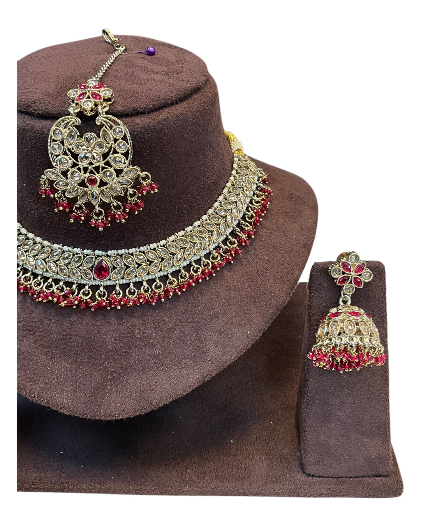 Magenta  - Medium Size Antique Gold Finish Necklace Set with Earrings & Tika Head piece - GGA05  KV 0525